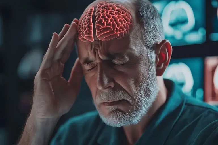 Ein älterer Mann hält sich schmerzerfüllt den Kopf. Die Illustration zeigt schematisch ein rot hervorgehobenes Gehirn, das möglicherweise eine Hirnblutung oder andere neurologische Beschwerden symbolisiert. Im Hintergrund sind medizinische Aufnahmen eines Gehirns zu sehen, was den medizinischen Kontext der Szene betont.