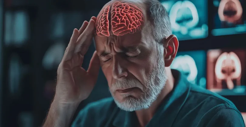 Ein älterer Mann hält sich schmerzerfüllt den Kopf. Die Illustration zeigt schematisch ein rot hervorgehobenes Gehirn, das möglicherweise eine Hirnblutung oder andere neurologische Beschwerden symbolisiert. Im Hintergrund sind medizinische Aufnahmen eines Gehirns zu sehen, was den medizinischen Kontext der Szene betont.