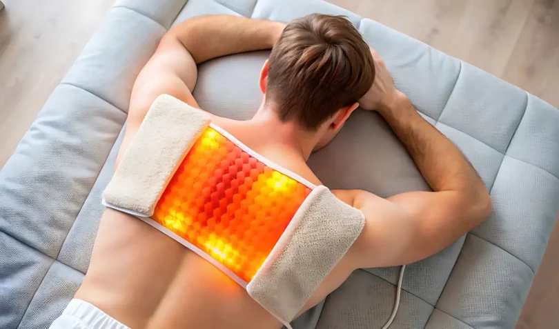 Mann liegt auf dem Bauch auf einem grauen Sofa und erhält eine Wärmetherapie mit einem beleuchteten Heizkissen auf dem Rücken. Die Anwendung dient zur Muskelentspannung und Schmerzlinderung.
