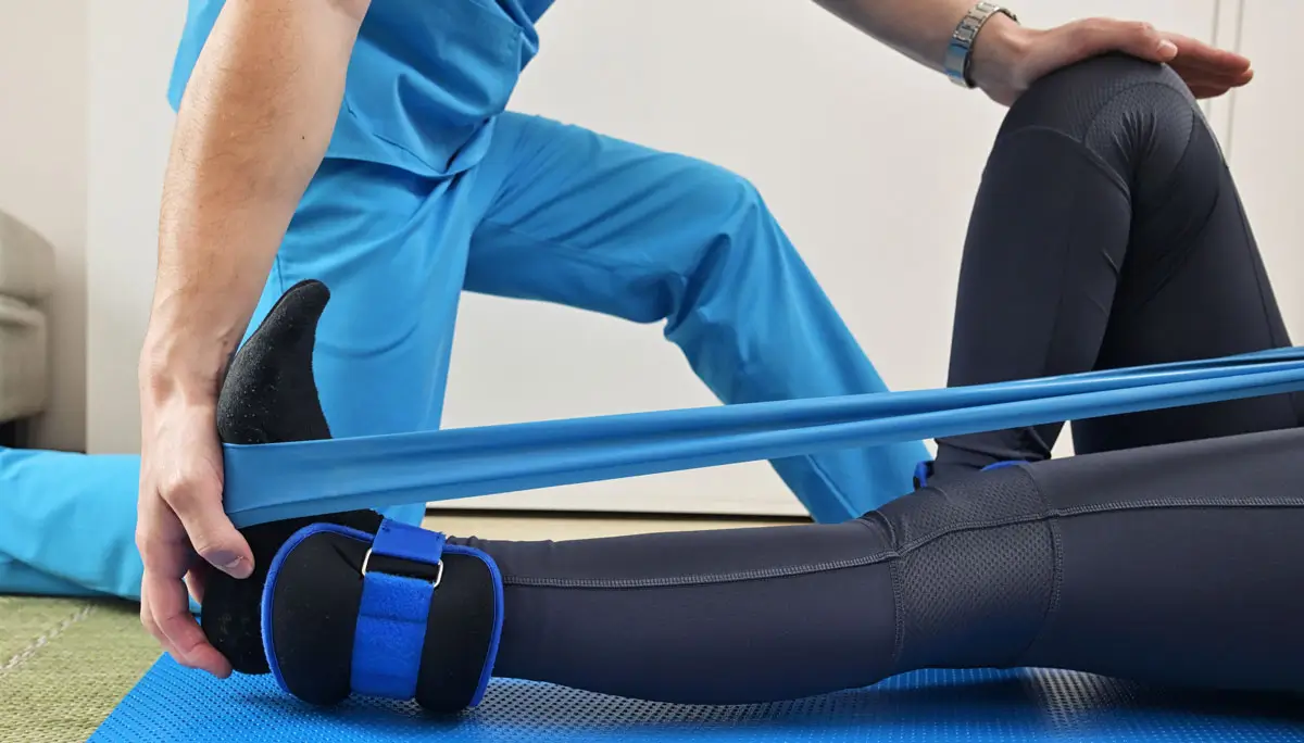 Physiotherapeut unterstützt eine Patientin bei einer Übung mit einem Widerstandsband zur Kräftigung der Beinmuskulatur während einer medizinischen Trainingstherapie (MTT).