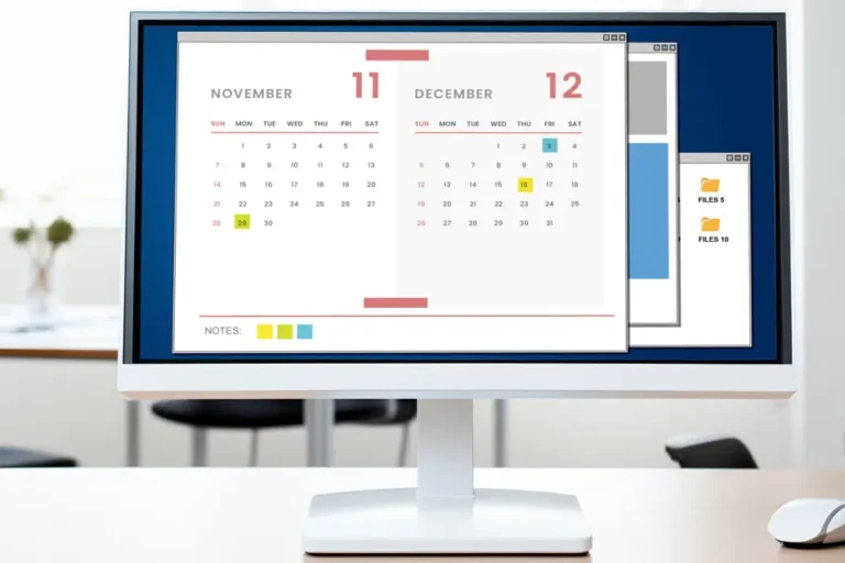 Computerbildschirm mit einer geöffneten Kalenderanwendung, auf der Termine für November und Dezember angezeigt werden. Im Hintergrund ein modernes Büro mit einem Schreibtisch und Stühlen.