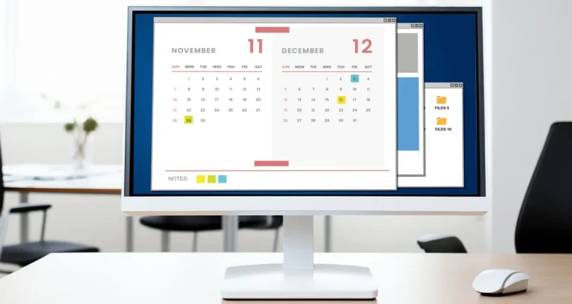 Computerbildschirm mit einer geöffneten Kalenderanwendung, auf der Termine für November und Dezember angezeigt werden. Im Hintergrund ein modernes Büro mit einem Schreibtisch und Stühlen.