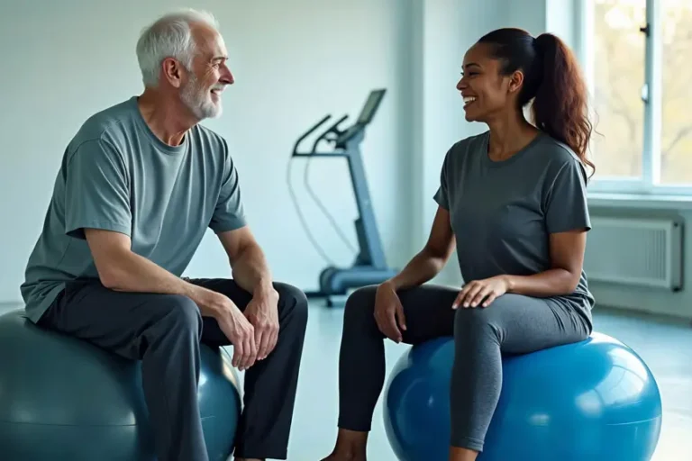 Zwei Personen sitzen auf Gymnastikbällen in einem Fitnessstudio. Beide tragen legere Sportkleidung, bestehend aus T-Shirts und Hosen. Im Hintergrund sind Fitnessgeräte wie ein Laufband und eine Trainingsmatte zu sehen. Große Fenster lassen natürliches Licht in den Raum strömen. Dieses Bild zeigt eine typische Szene in einer Trainingsumgebung und betont sowohl die Nutzung von Gymnastikbällen als auch den sozialen Aspekt des gemeinsamen Trainings. Besuchen Sie theraforlife.de für weitere Informationen rund um Fitness und Physiotherapie.