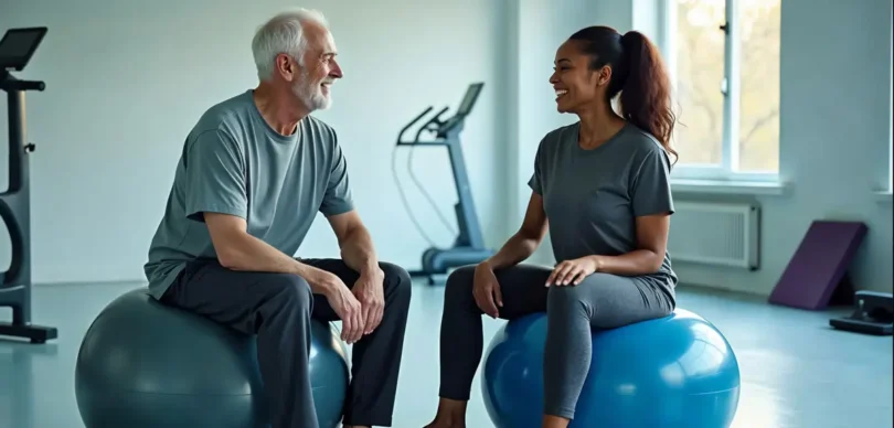 Zwei Personen sitzen auf Gymnastikbällen in einem Fitnessstudio. Beide tragen legere Sportkleidung, bestehend aus T-Shirts und Hosen. Im Hintergrund sind Fitnessgeräte wie ein Laufband und eine Trainingsmatte zu sehen. Große Fenster lassen natürliches Licht in den Raum strömen. Dieses Bild zeigt eine typische Szene in einer Trainingsumgebung und betont sowohl die Nutzung von Gymnastikbällen als auch den sozialen Aspekt des gemeinsamen Trainings. Besuchen Sie theraforlife.de für weitere Informationen rund um Fitness und Physiotherapie.