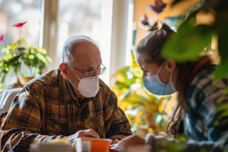 Eine Pflegekraft mit Mundschutz kümmert sich um einen älteren Mann mit Maske in einem gemütlichen, lichtdurchfluteten Raum mit Pflanzen.