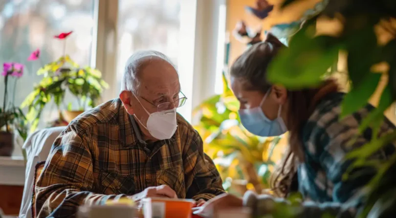 Eine Pflegekraft mit Mundschutz kümmert sich um einen älteren Mann mit Maske in einem gemütlichen, lichtdurchfluteten Raum mit Pflanzen.