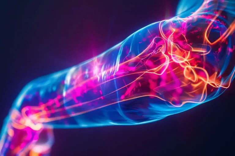 Futuristische Darstellung eines durchleuchteten Arms mit sichtbaren Muskeln, Sehnen und Nerven in leuchtenden Neonfarben. Die Illustration zeigt ein medizinisches Konzept mit blau-pink-orangenen Lichtakzenten.