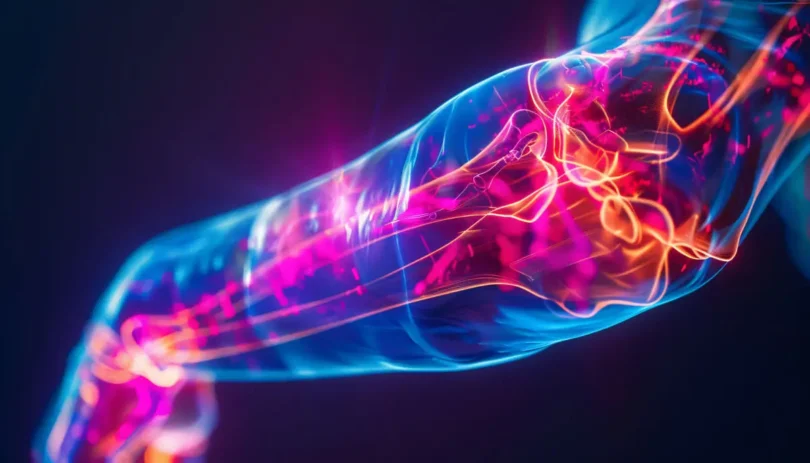 Futuristische Darstellung eines durchleuchteten Arms mit sichtbaren Muskeln, Sehnen und Nerven in leuchtenden Neonfarben. Die Illustration zeigt ein medizinisches Konzept mit blau-pink-orangenen Lichtakzenten.