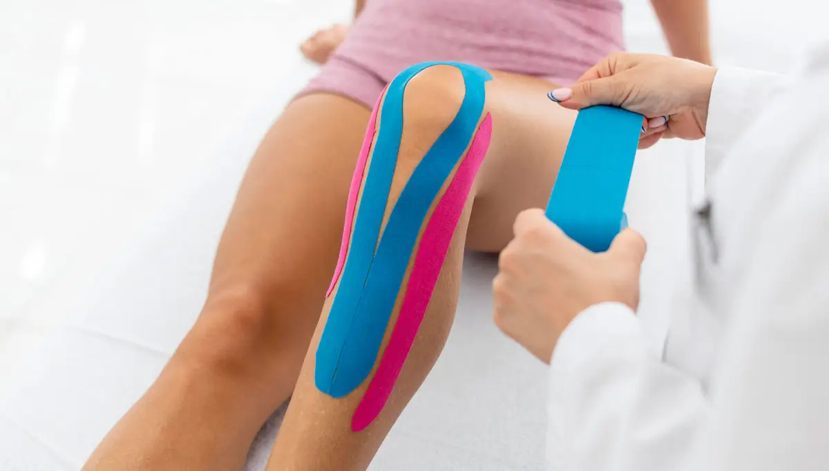 Eine Physiotherapeutin bringt blaues und pinkes Kinesio-Tape am Bein einer Patientin an, um die Muskulatur zu unterstützen und die Heilung zu fördern. 