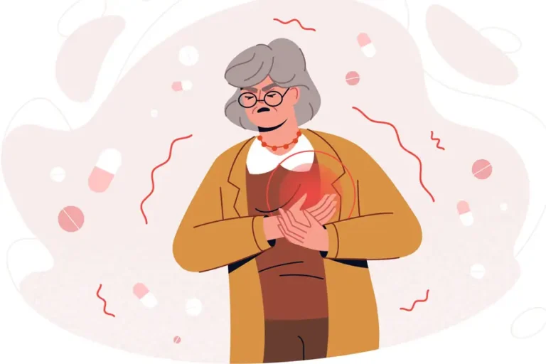 Illustration einer älteren Frau mit grauen Haaren, die sich mit schmerzverzerrtem Gesicht die Brust hält – symbolische Darstellung eines Herzinfarkts.