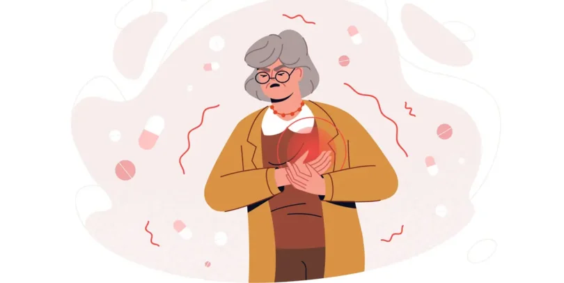 Illustration einer älteren Frau mit grauen Haaren, die sich mit schmerzverzerrtem Gesicht die Brust hält – symbolische Darstellung eines Herzinfarkts.