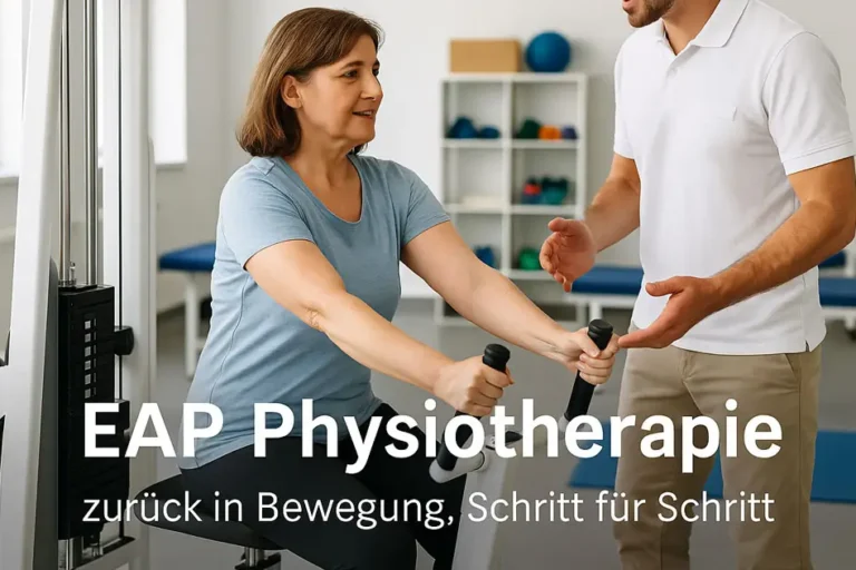 Eine Frau mittleren Alters trainiert an einem medizinischen Gerät unter Anleitung eines Physiotherapeuten in einem modernen, hellen Therapieraum. Im Vordergrund steht der Slogan ‚EAP Physiotherapie – zurück in Bewegung, Schritt für Schritt‘.