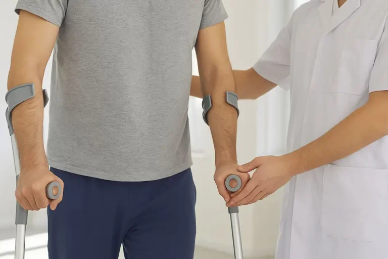 Physiotherapeut unterstützt männlichen Patienten mit Unterarmgehstützen während der Reha nach einer Hüftoperation in heller Therapiepraxis.