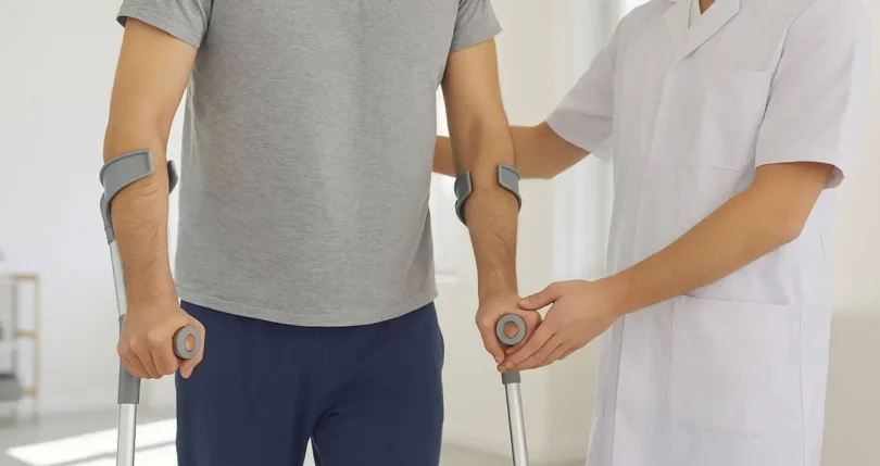 Physiotherapeut unterstützt männlichen Patienten mit Unterarmgehstützen während der Reha nach einer Hüftoperation in heller Therapiepraxis.