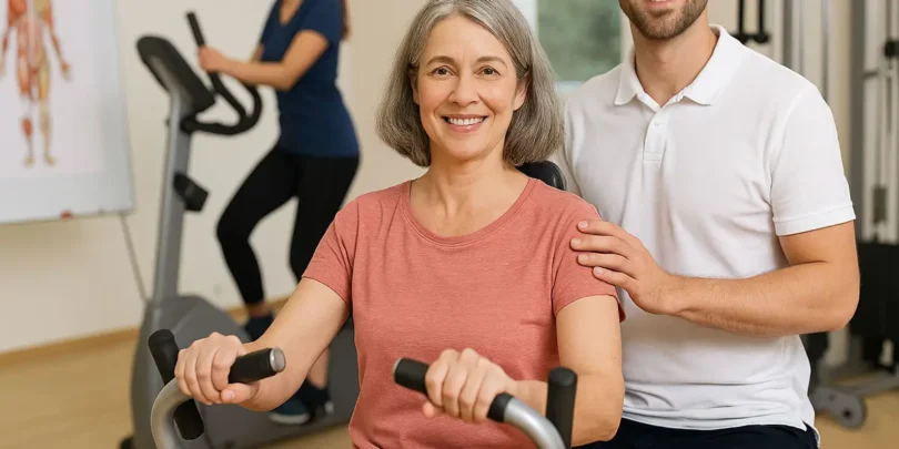 Eine Frau mittleren Alters trainiert an einem Brustpresse-Gerät in einem modernen Reha-Zentrum. Ein junger Therapeut steht unterstützend neben ihr. Im Hintergrund trainiert eine weitere Frau auf einem Crosstrainer, an der Wand hängt ein anatomisches Poster.
