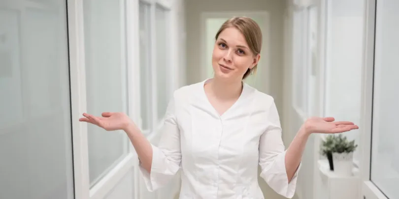 Junge Frau in medizinischer Kleidung steht in einem hellen Flur und zuckt fragend mit den Schultern – symbolisiert Unsicherheit oder Entscheidungsfindung im Gesundheitsbereich.