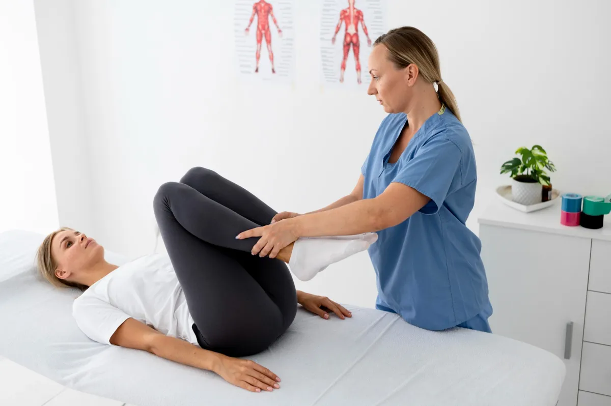 Physiotherapeutin unterstützt junge Patientin bei einer therapeutischen Beinübung auf der Behandlungsliege.