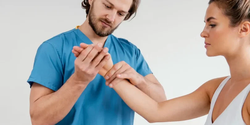 Physiotherapeut untersucht Handgelenk einer Patientin zur Beurteilung der Beweglichkeit und zur Vorbereitung auf gezielte Fingerübungen.