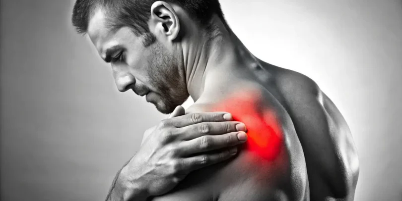 Mann hält sich schmerzhaft die Schulter – rot markierter Bereich weist auf eine Verletzung oder Entzündung im Schultergelenk hin.