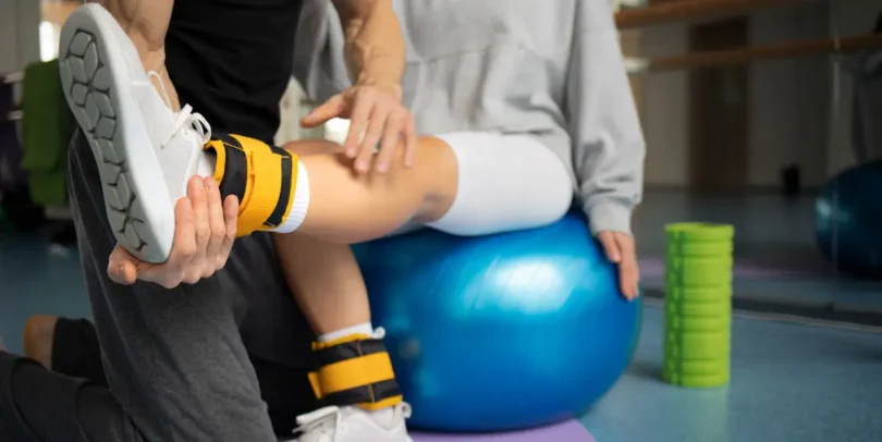 Physiotherapeut unterstützt Patientin bei einer Reha-Übung mit Gymnastikball und Fußmanschetten im Therapieraum.