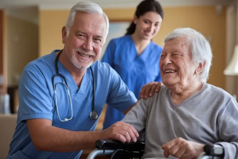 Älterer Mann im Rollstuhl lacht herzlich mit einem Arzt und einer Pflegerin in einer Pflegeeinrichtung.