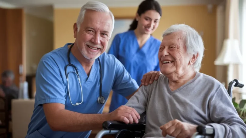 Älterer Mann im Rollstuhl lacht herzlich mit einem Arzt und einer Pflegerin in einer Pflegeeinrichtung.