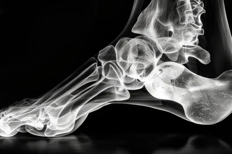 Seitliche Ansicht eines menschlichen Fußes als transparente Röntgenaufnahme; sichtbar sind Knochen, Gelenke und die Fersenstruktur mit besonderem Fokus auf Sprunggelenk und Fersenbein.