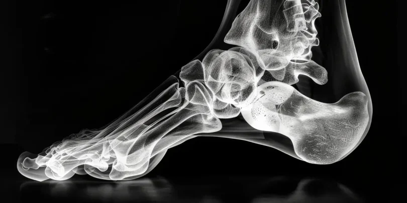 Seitliche Ansicht eines menschlichen Fußes als transparente Röntgenaufnahme; sichtbar sind Knochen, Gelenke und die Fersenstruktur mit besonderem Fokus auf Sprunggelenk und Fersenbein.