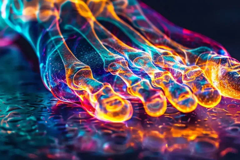 Künstlerische Darstellung eines Fußskeletts in leuchtenden Neonfarben auf dunklem, nassem Untergrund – eine visuelle Metapher für biomechanische Prozesse und Bewegungsanalyse.