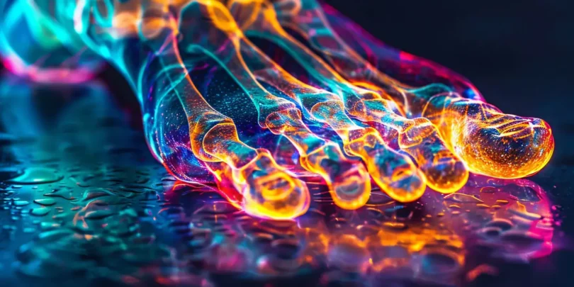 Künstlerische Darstellung eines Fußskeletts in leuchtenden Neonfarben auf dunklem, nassem Untergrund – eine visuelle Metapher für biomechanische Prozesse und Bewegungsanalyse.