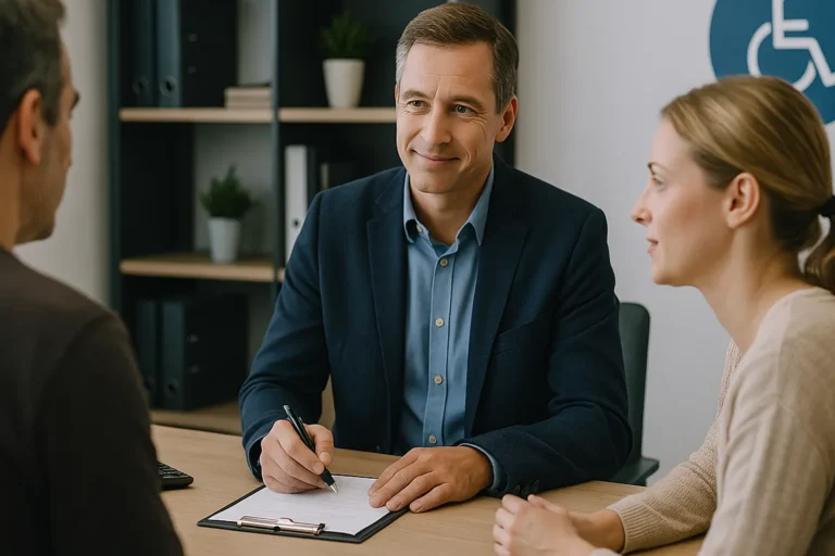 Drei Personen sitzen in einem modernen Büro mit barrierefreiem Symbol an der Wand; ein Berater spricht freundlich mit einem Mann und einer Frau, während er Notizen macht.