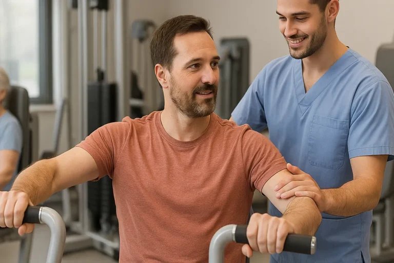 Ein Physiotherapeut betreut einen männlichen Patienten beim Training an einem Brustpressgerät in einem hellen, modernen Trainingsraum; im Hintergrund trainiert eine ältere Frau an einem anderen Gerät.
