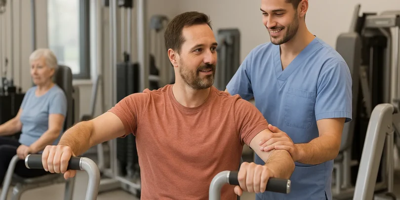 Ein Physiotherapeut betreut einen männlichen Patienten beim Training an einem Brustpressgerät in einem hellen, modernen Trainingsraum; im Hintergrund trainiert eine ältere Frau an einem anderen Gerät.