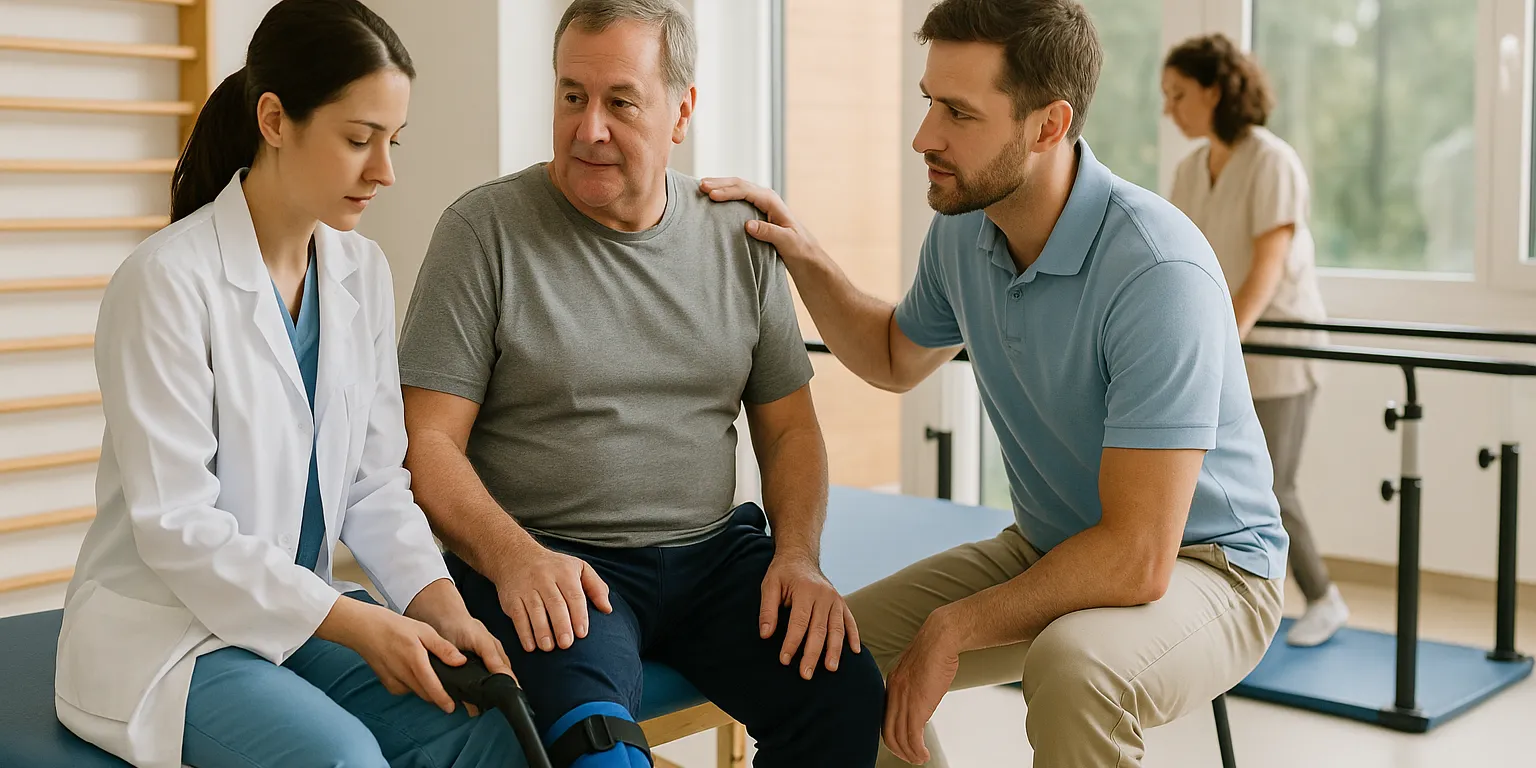 Eine Rehabilitationssitzung in einem hellen Raum mit einem älteren Patienten, der eine Schiene am Bein trägt, begleitet von zwei Therapeuten; im Hintergrund arbeitet eine weitere Therapeutin mit einem zweiten Patienten.