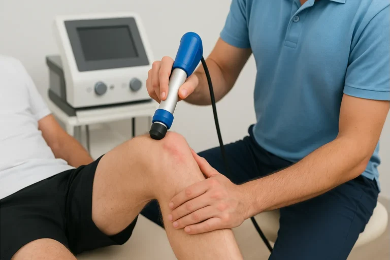 Ein Physiotherapeut behandelt das rechte Knie eines Patienten mit einem Stoßwellengerät in einer modernen Praxisumgebung.