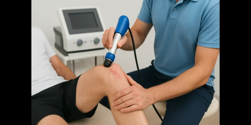 Ein Physiotherapeut behandelt das rechte Knie eines Patienten mit einem Stoßwellengerät in einer modernen Praxisumgebung.