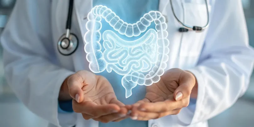 Ärztin in weißem Kittel hält eine virtuelle Darstellung des Darms in den Händen – Symbolbild für Darmgesundheit und medizinische Vorsorge.