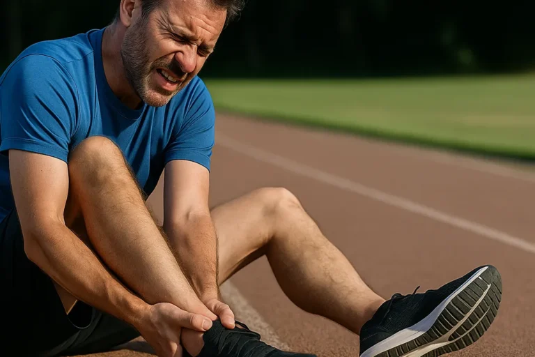 Ein verletzter Mann mittleren Alters sitzt auf einer Laufbahn und hält sich mit schmerzverzerrtem Gesicht den rechten Knöchel, umgeben von grünem Hintergrund bei Tageslicht.