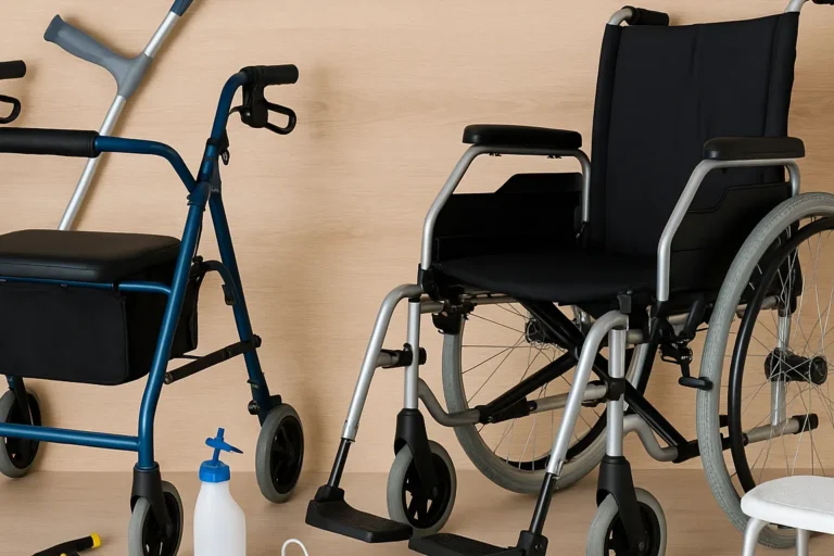 Verschiedene Reha- und Mobilitätshilfen auf hellem Holzboden, darunter ein Rollstuhl, ein Rollator, Krücken, eine Greifhilfe, ein Duschhocker, eine Anziehhilfe und eine Trinkflasche – funktional arrangiert ohne Personen.