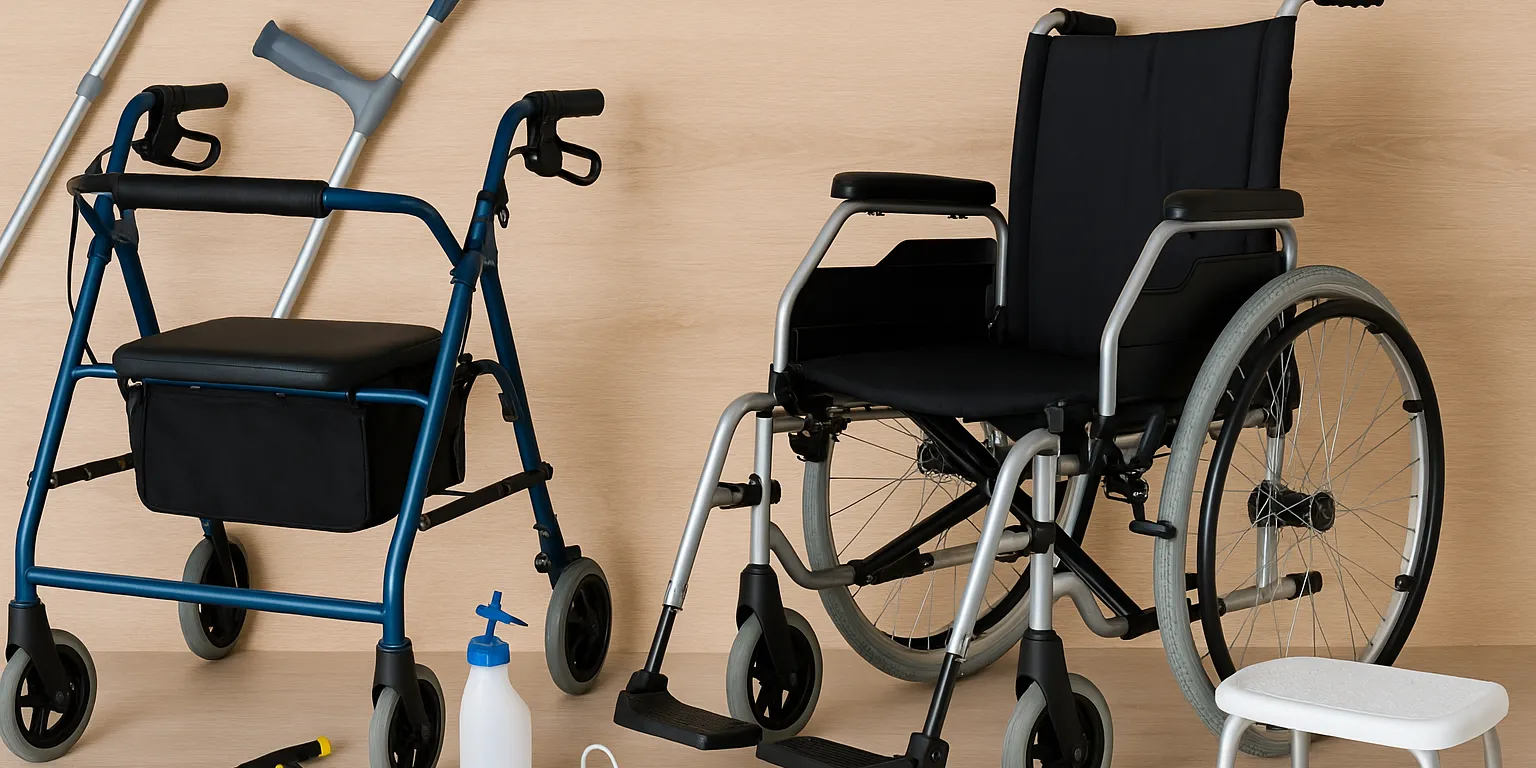 Verschiedene Reha- und Mobilitätshilfen auf hellem Holzboden, darunter ein Rollstuhl, ein Rollator, Krücken, eine Greifhilfe, ein Duschhocker, eine Anziehhilfe und eine Trinkflasche – funktional arrangiert ohne Personen.