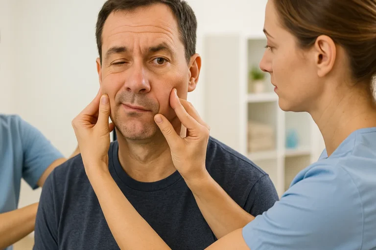 Ein Physiotherapeut unterstützt einen Mann mit Fazialisparese bei Gesichtsübungen vor einem Spiegel in einer hellen Therapiepraxis.