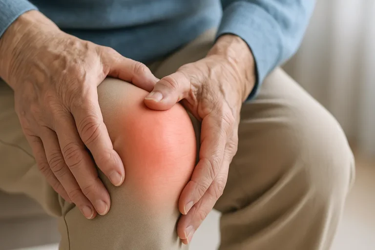 Nahaufnahme der Hände einer älteren Person, die schützend auf einem geschwollenen und geröteten Knie liegen, als Symbol für rheumatische Beschwerden in einem ruhigen, hellen Innenraum.