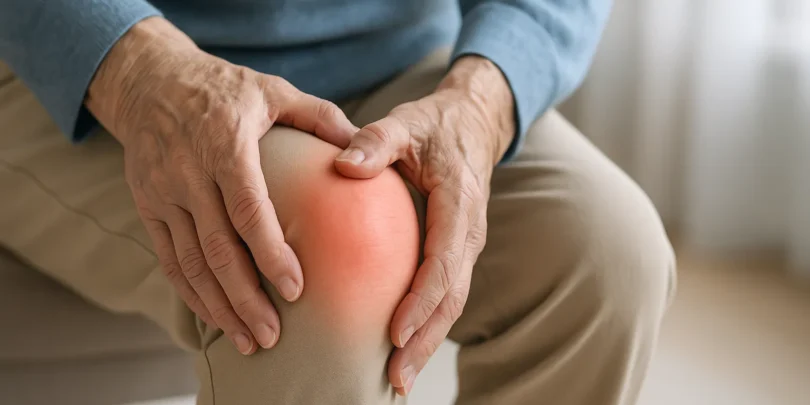 Nahaufnahme der Hände einer älteren Person, die schützend auf einem geschwollenen und geröteten Knie liegen, als Symbol für rheumatische Beschwerden in einem ruhigen, hellen Innenraum.