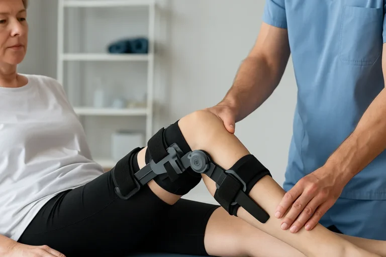 Eine Frau mit Knieorthese liegt auf einer Therapieliege und erhält von einem Physiotherapeuten Hilfe bei einer Rehabilitationsübung für das Knie.