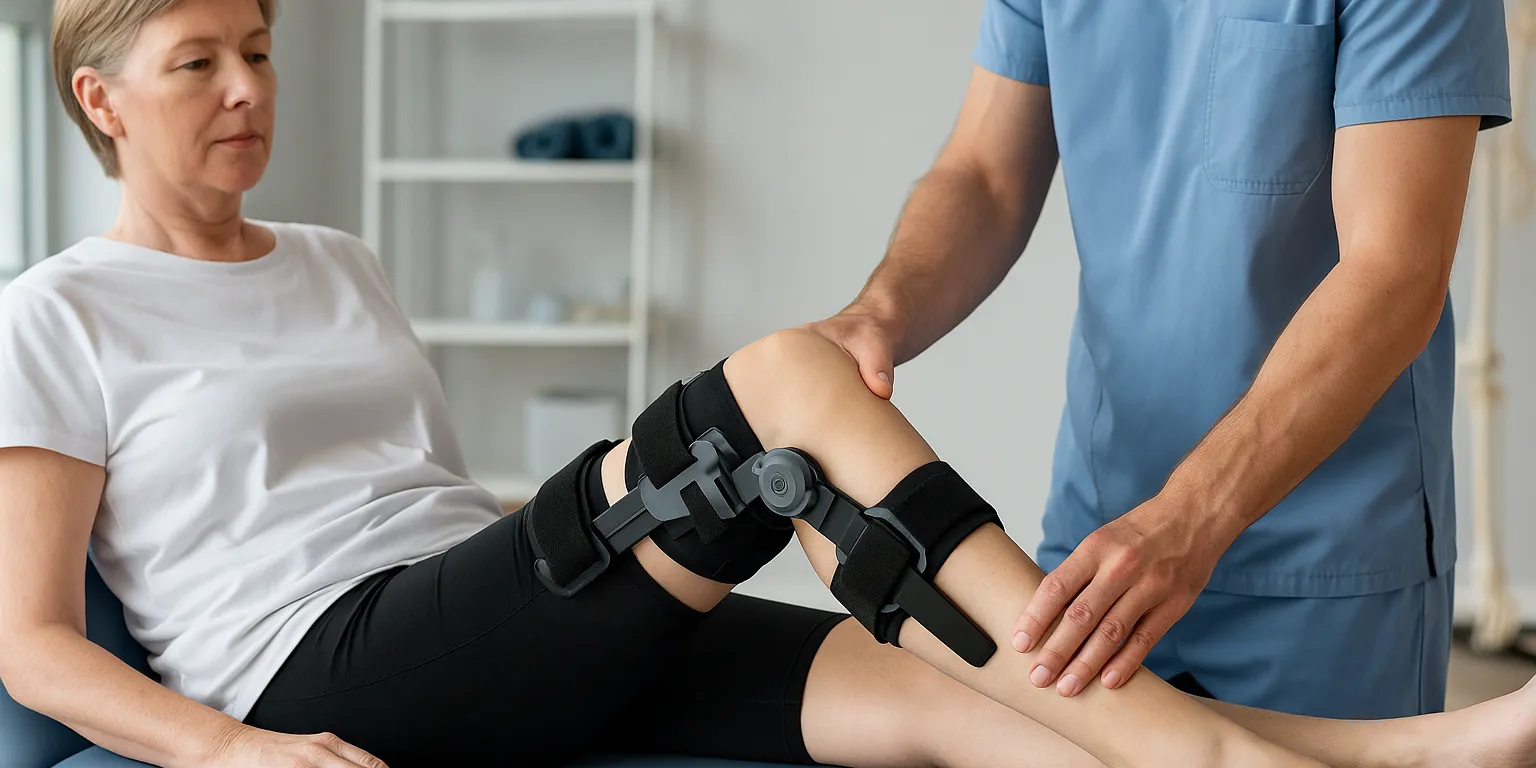 Eine Frau mit Knieorthese liegt auf einer Therapieliege und erhält von einem Physiotherapeuten Hilfe bei einer Rehabilitationsübung für das Knie.