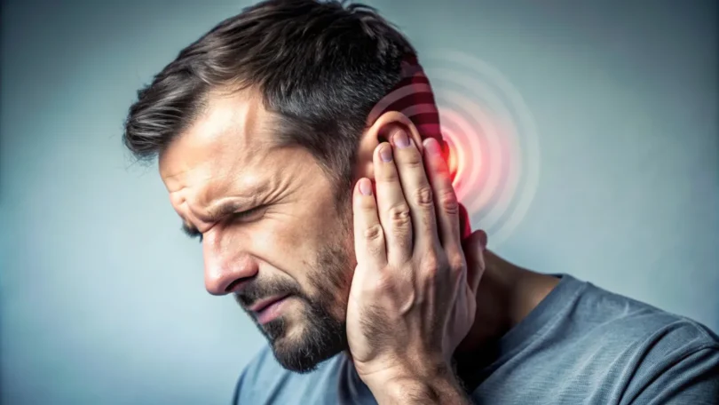 Mann hält sich schmerzverzerrt das Ohr, rote Wellen symbolisieren starke Ohrgeräusche oder Tinnitus.