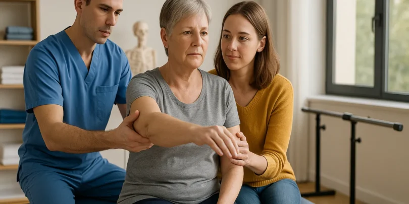 Eine ältere Frau sitzt auf einer Behandlungsliege in einem hellen Reha-Raum, während ein Physiotherapeut ihren Arm bewegt und eine jüngere Frau sie emotional unterstützt.
