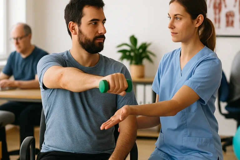 Ein junger Mann hebt eine Hantel unter Anleitung einer Therapeutin in einem hellen Rehabilitationsraum, im Hintergrund arbeiten zwei Männer an Schreibtischen; eine anatomische Poster und ein Gymnastikball ergänzen die Szene.