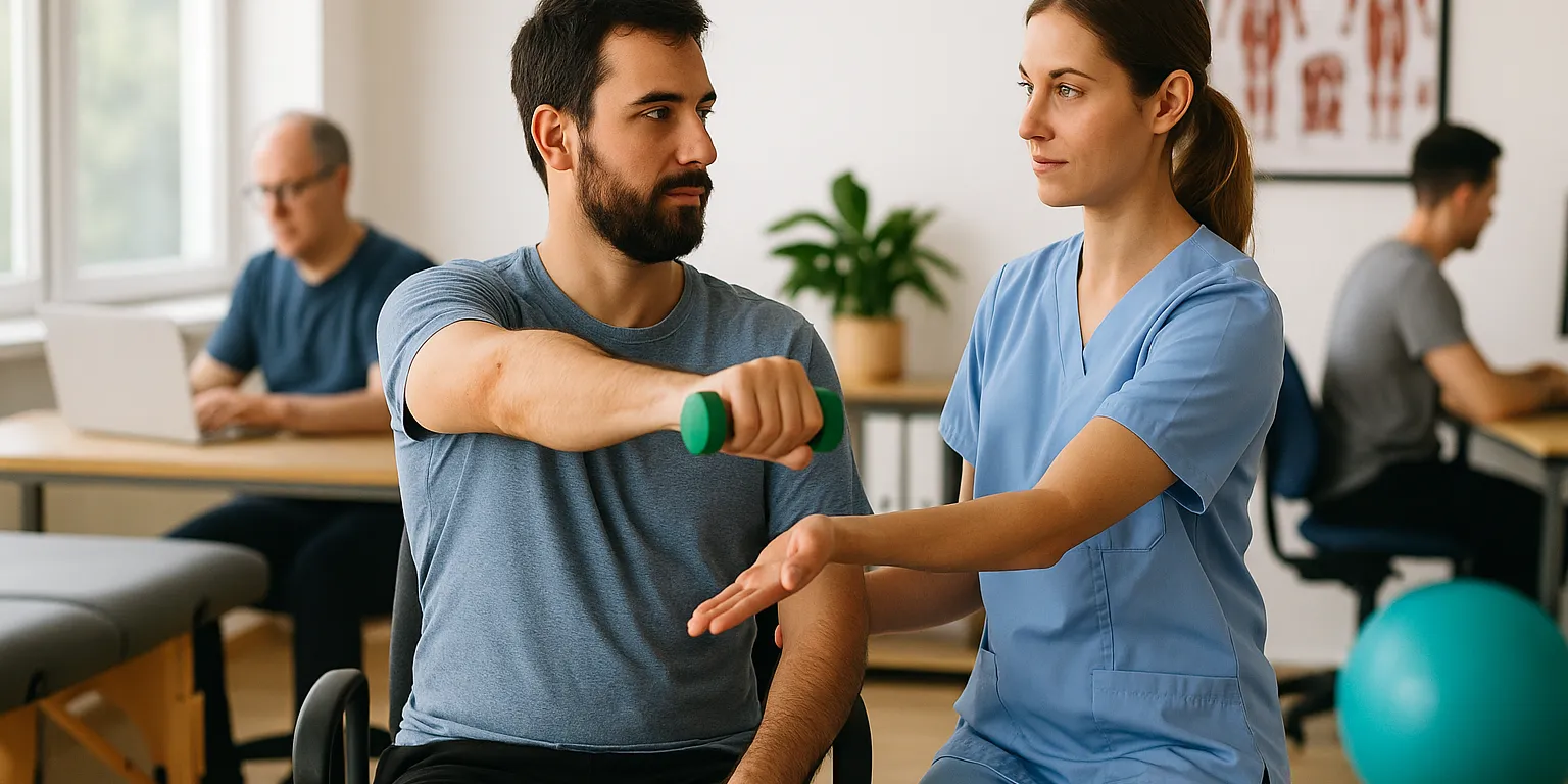 Ein junger Mann hebt eine Hantel unter Anleitung einer Therapeutin in einem hellen Rehabilitationsraum, im Hintergrund arbeiten zwei Männer an Schreibtischen; eine anatomische Poster und ein Gymnastikball ergänzen die Szene.