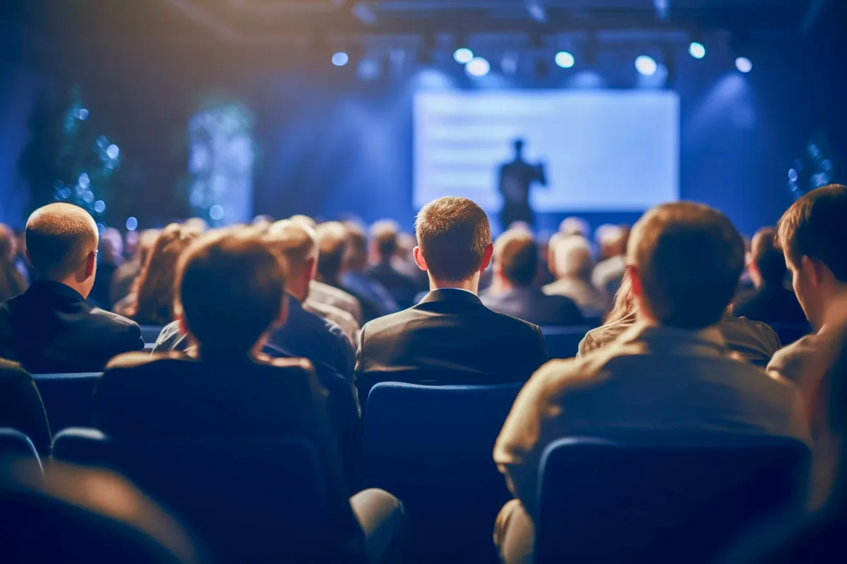 Publikum verfolgt konzentriert einen Vortrag auf einer Konferenz mit Bühne und Präsentation.